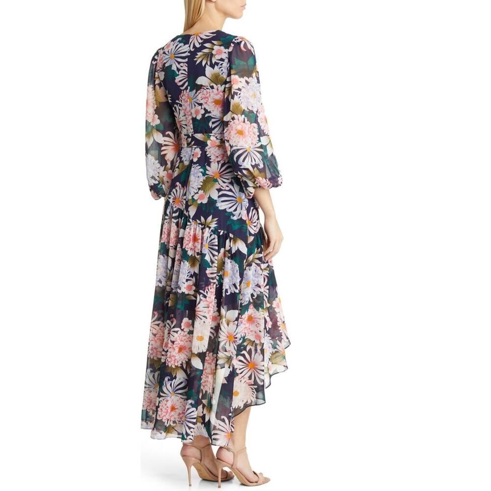 Eliza J Floral Long Sleeve High-Low Faux Wrap Dress Women's 8 Blue Floral NWT - Picture 2 of 12